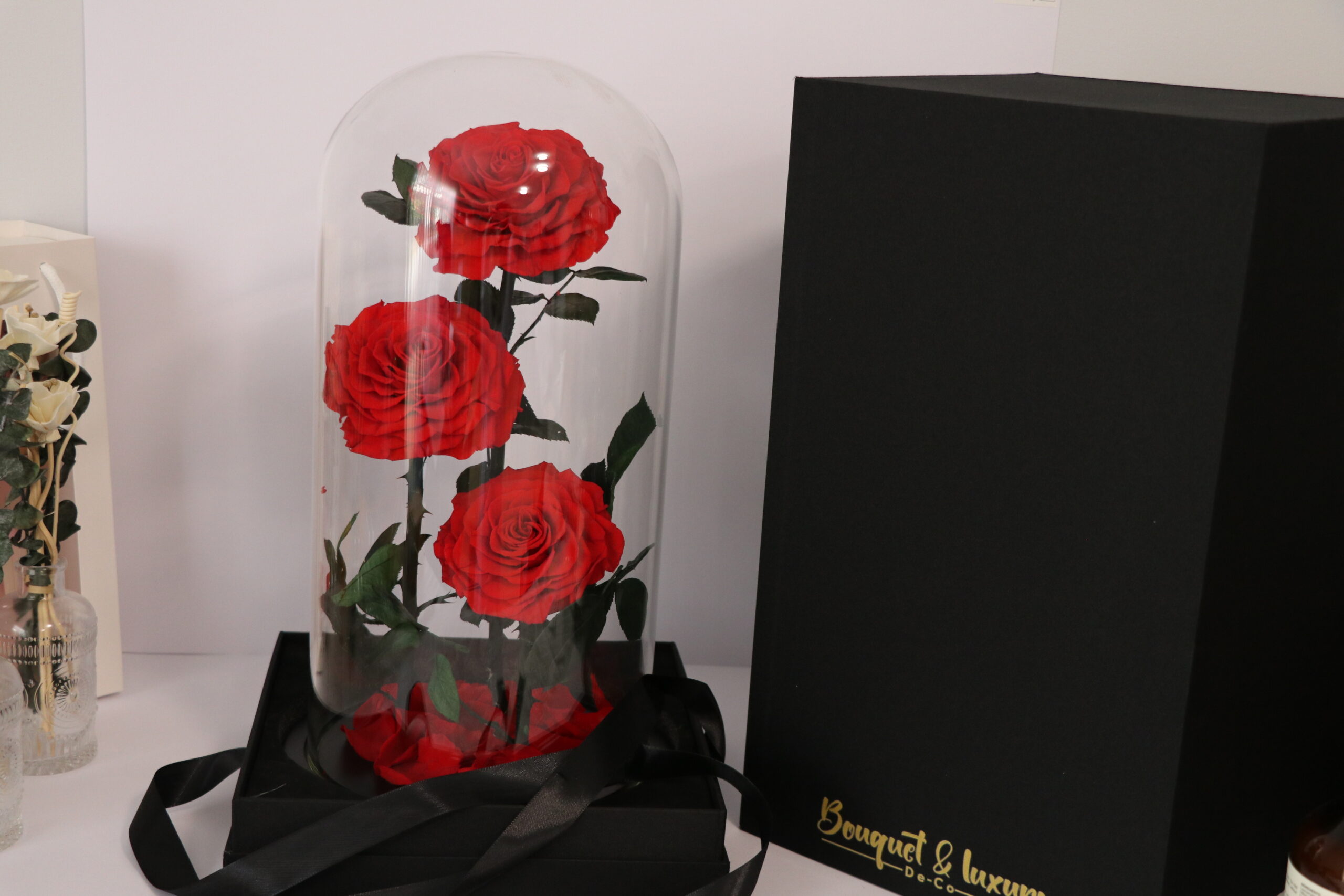3 Large Everlasting Rose In Glass Dome-40cm (With Gift Box)